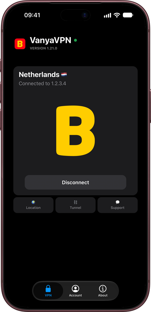 The VanyaPROXY app on iPhone, connected to the Netherlands