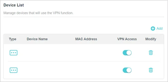 TP-Link, Device List: устройства с переключателем V⁠PN Access