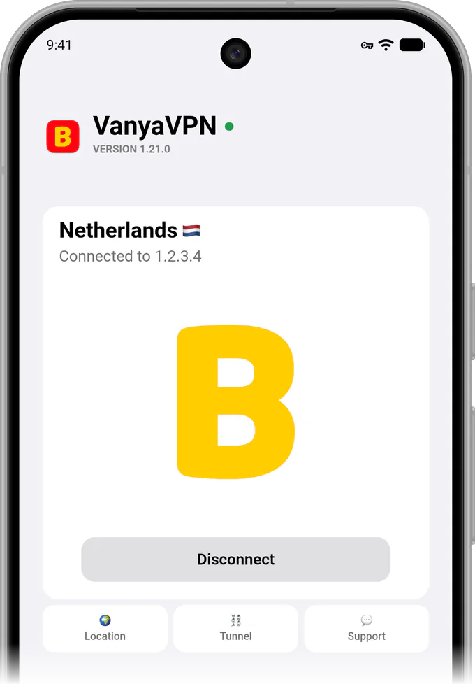 App main screen on Android: PROXY connected, location Netherlands