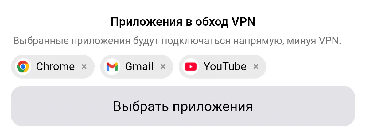 Окно «Раздельное туннелирование» на Android, режим «Ручной ввод»: блок «Приложения в обход PROXY» с выбранными приложениями и кнопкой «Выбрать приложения»