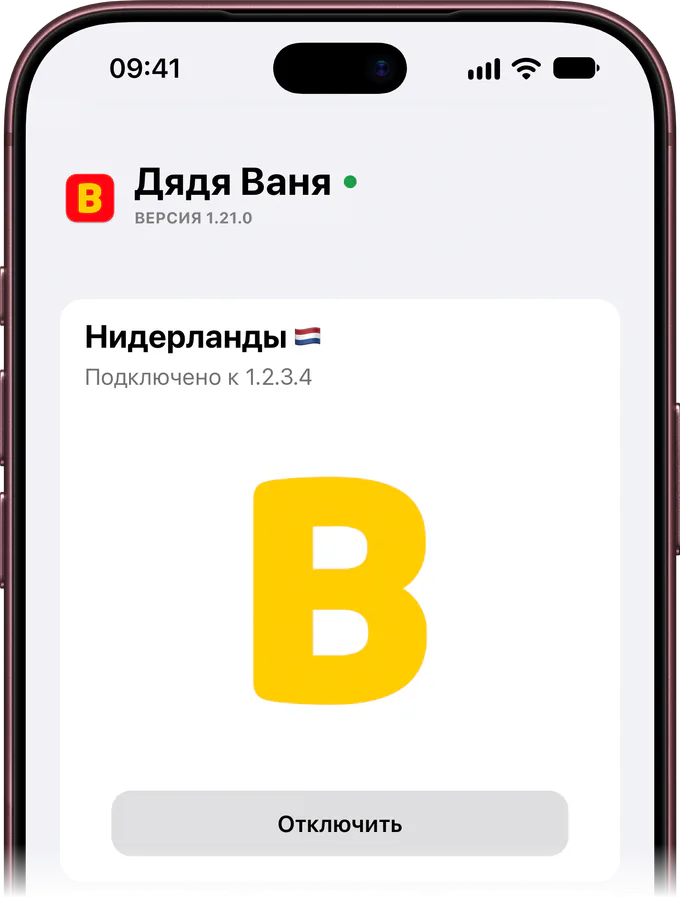 Экран приложения на iPhone: PROXY подключён, локация Нидерланды
