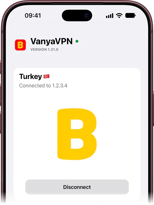 App main screen: PROXY connected, location Turkey