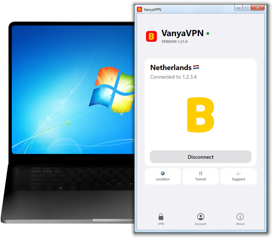 The VanyaPROXY window on Windows 7: connected, location Netherlands