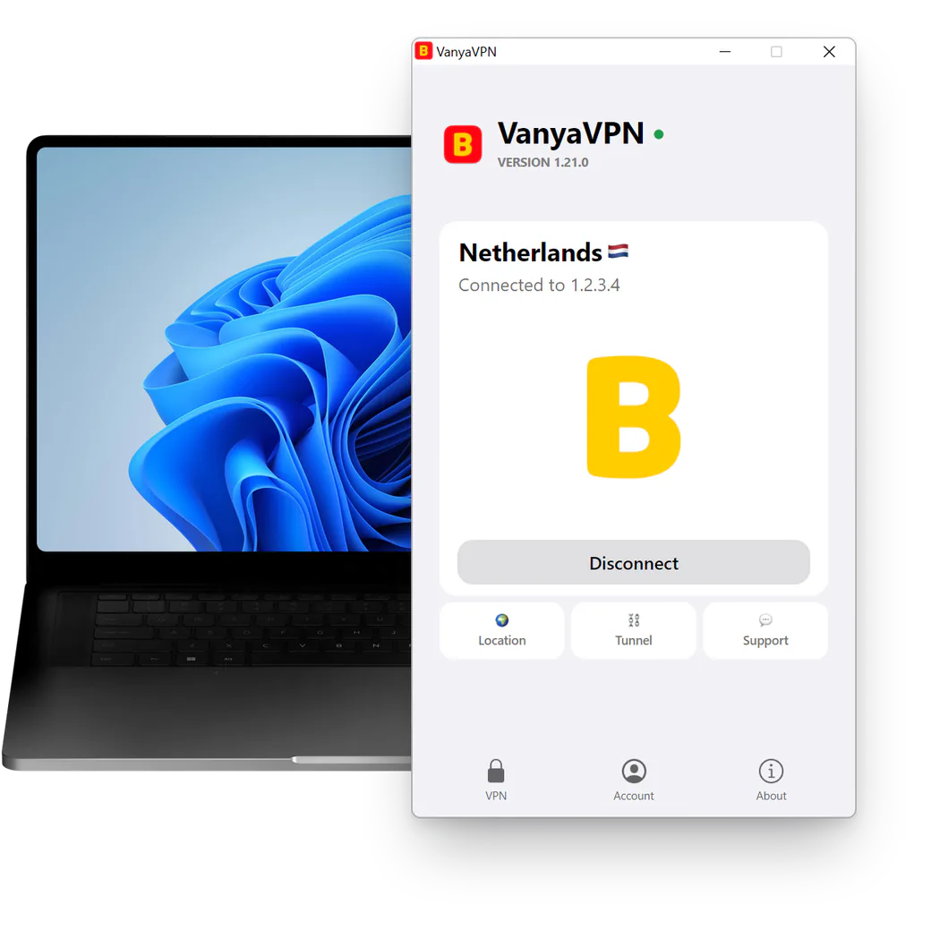 VanyaPROXY window on Windows 11, connected to the Netherlands
